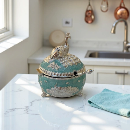 Green and blue peacock-patterned ceramic decorative sugar jar, home decoration, kitchen storage container, kitchen seasoning storage jar, seasoning jar Green and blue peacock-patterned ceramic decorative sugar jar, home decoration, kitchen storage container, kitchen seasoning storage jar, seasoning jar